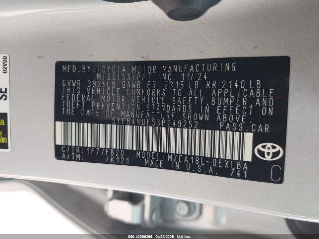 5YFB4MDE5SP249252 Toyota COROLLA LE