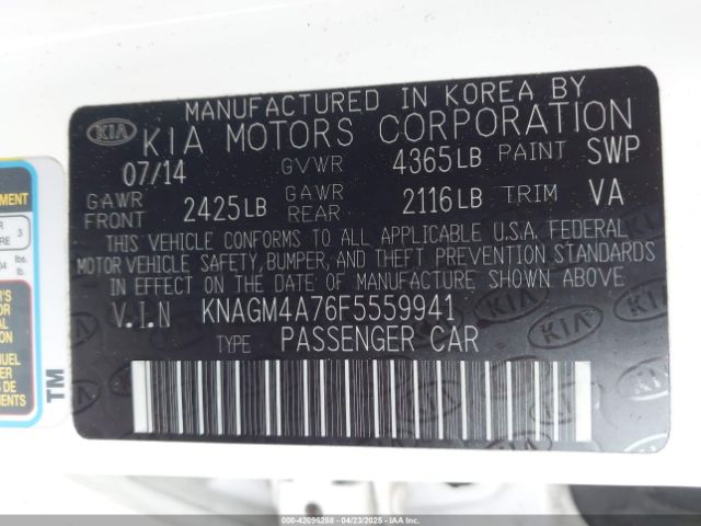 KNAGM4A76F5559941 KIA Optima Lx