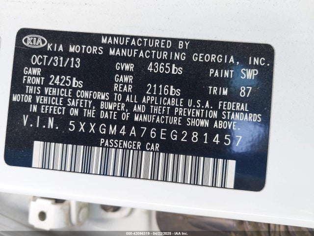 5XXGM4A76EG281457 KIA Optima Lx