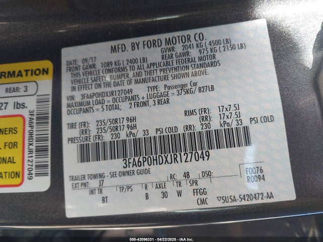 3FA6P0HDXJR127049 Ford FUSION SE