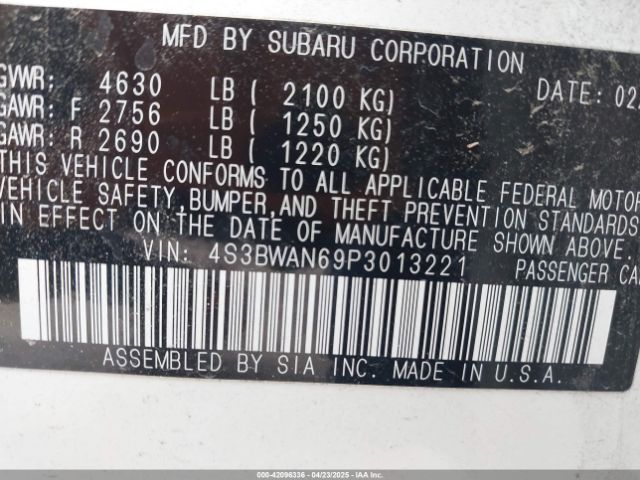 4S3BWAN69P3013221 Subaru Legacy Limited