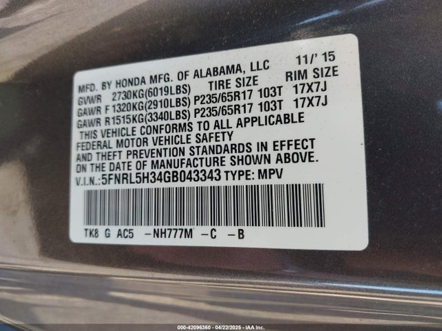 5FNRL5H34GB043343 Honda ODYSSEY SE