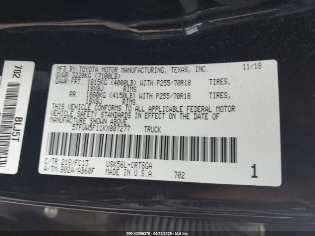 5TFUW5F11KX807277 Toyota Tundra Sr5 5.7l V8
