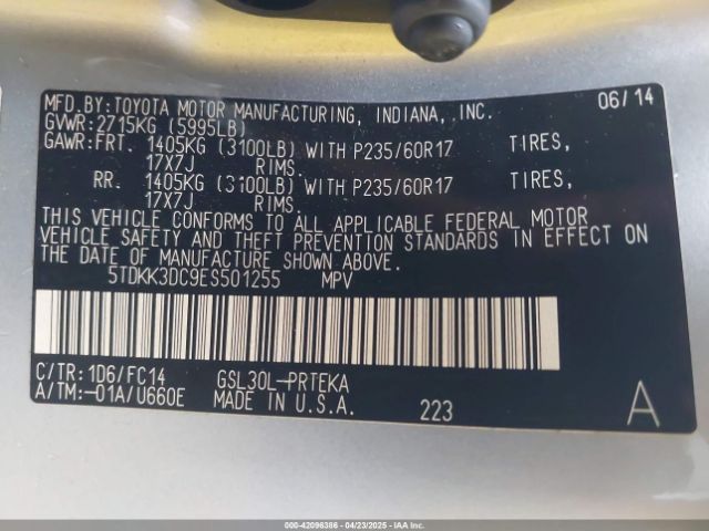 5TDKK3DC9ES501255 Toyota Sienna Le V6 8 Passenger