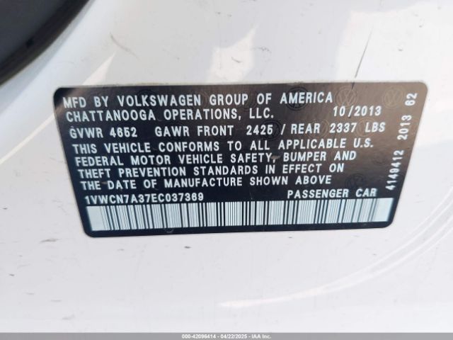 1VWCN7A37EC037369 Volkswagen Passat 2.0l Tdi Sel Premium