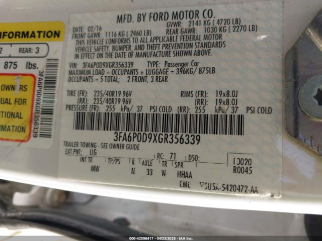 3FA6P0D9XGR356339 Ford Fusion Titanium