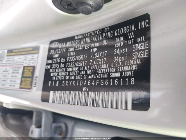 5XYKTDA64FG616118 KIA SORENTO LX