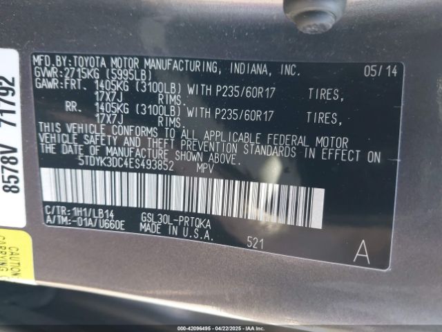 5TDYK3DC4ES493852 Toyota Sienna Xle V6 8 Passenger