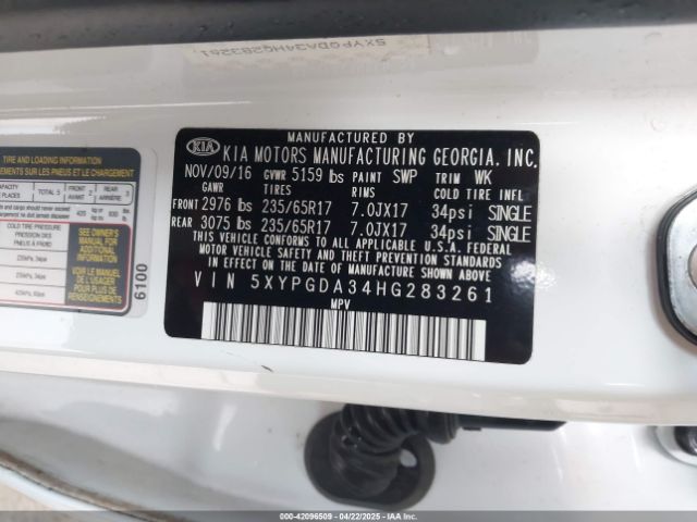 5XYPGDA34HG283261 KIA Sorento 2.4l Lx