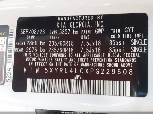 5XYRL4LCXPG229608 KIA SORENTO S
