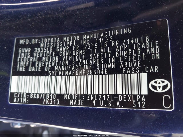 5YFVPMAE0NP386046 Toyota COROLLA LE