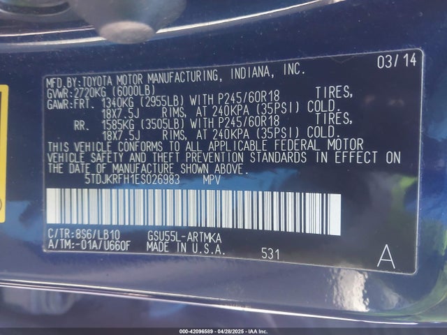 5TDJKRFH1ES026983 Toyota Highlander Xle V6