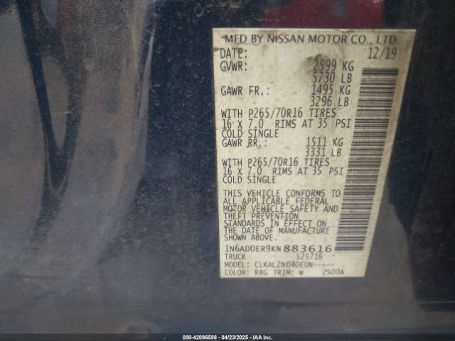 1N6AD0ER9KN883616 Nissan Frontier Sv