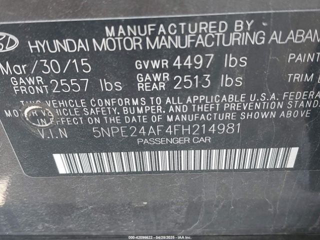 5NPE24AF4FH214981 Hyundai SONATA SE