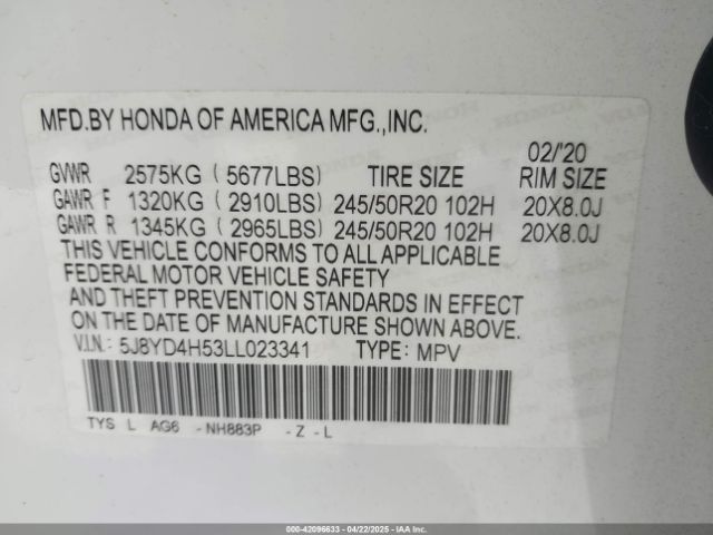 5J8YD4H53LL023341 Acura j35y5