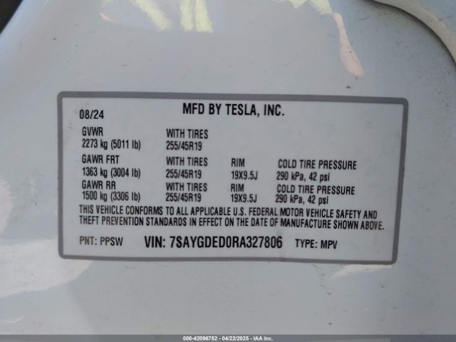 7SAYGDED0RA327806 Tesla 2024