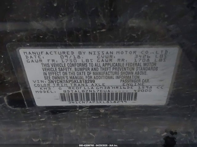 3N1CN7AP5KL818299 Nissan Versa 1.6 Sv