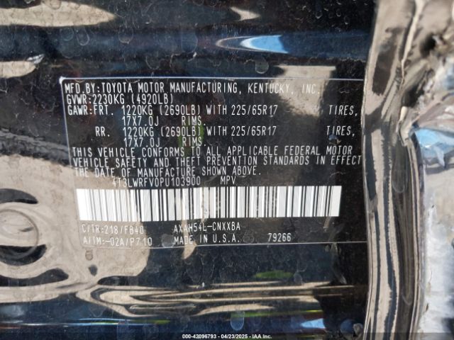 4T3LWRFV0PU103900 Toyota Rav4 Hybrid Le