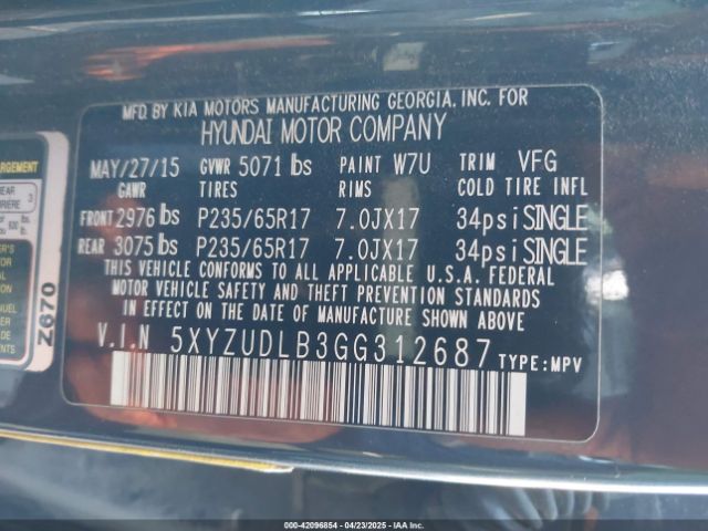 5XYZUDLB3GG312687 Hyundai Santa Fe Sport 2.4l