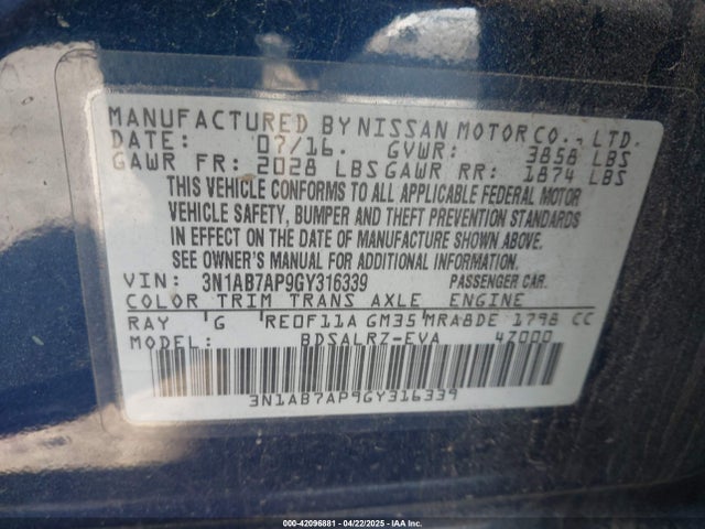 3N1AB7AP9GY316339 Nissan SENTRA SR
