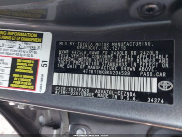 4T1B11HK8KU204599 Toyota CAMRY LE