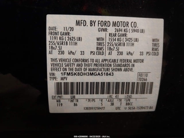 1FMSK8DH3MGA51843 Ford EXPLORER XLT
