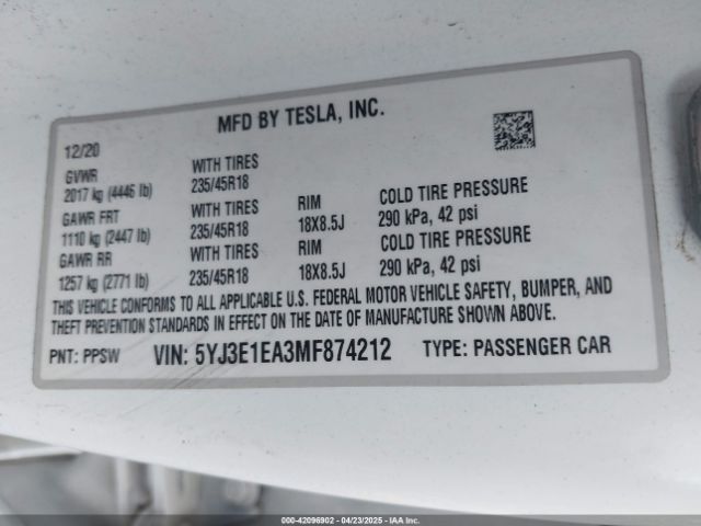 5YJ3E1EA3MF874212 Tesla 2021
