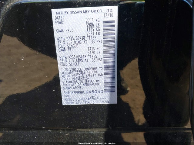 Nissan Pathfinder Sl 2017 5N1DR2MM9HC648040 Image 9