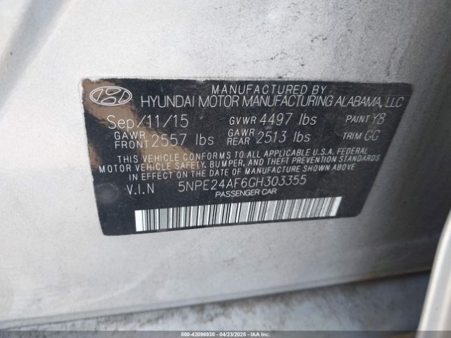 5NPE24AF6GH303355 Hyundai SONATA SE