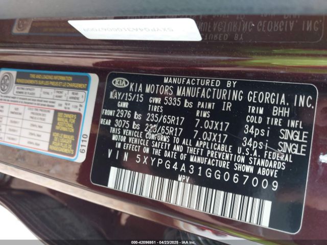 5XYPG4A31GG067009 KIA Sorento 2.4l Lx