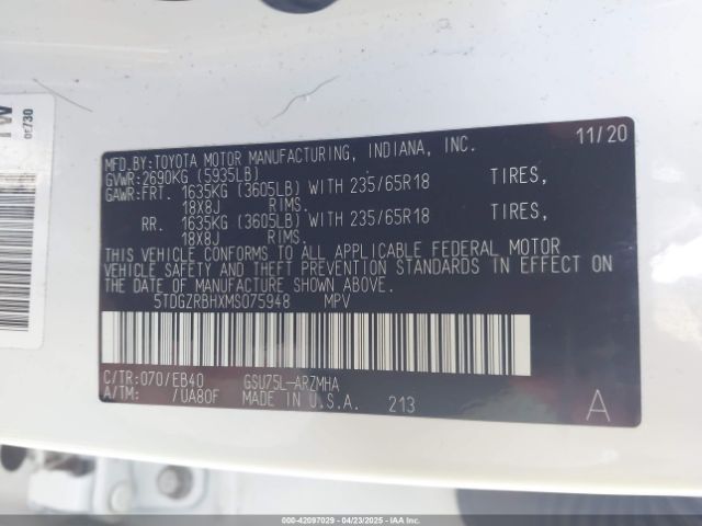 5TDGZRBHXMS075948 Toyota Highlander Xle