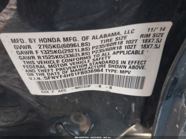 5FNYF4H91FB036964 Honda Pilot Touring