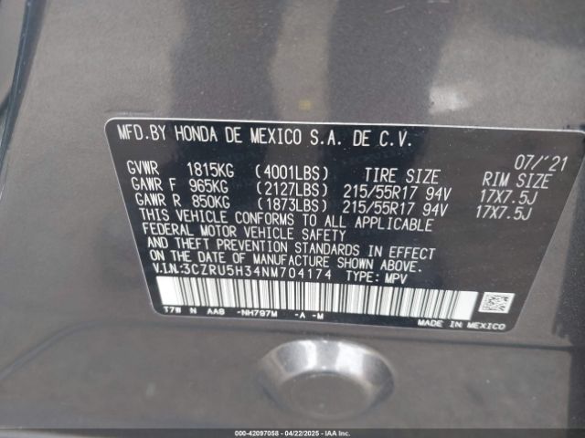 3CZRU5H34NM704174 Honda Hr-v 2wd Lx