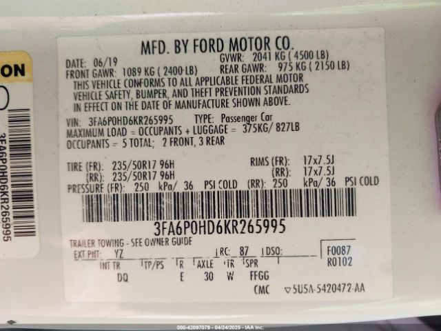 3FA6P0HD6KR265995 Ford FUSION SE