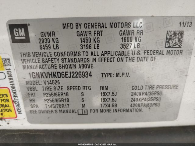 1GNKVHKD6EJ226934 Chevrolet Traverse 2lt