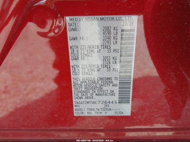 5N1AT2MT5KC726445 Nissan ROGUE SV