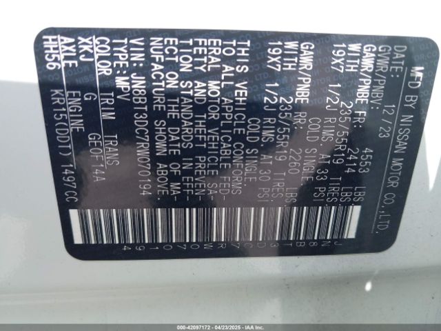 JN8BT3DC7RW070194 Nissan Rogue Platinum Fwd