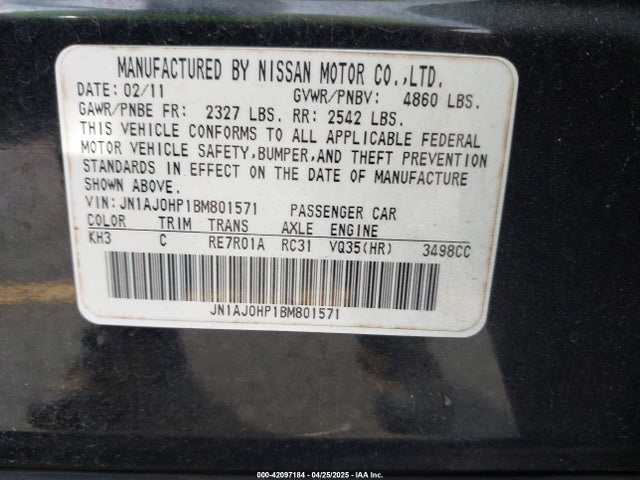 2011 Infiniti Ex35 Journey მანქანა იყიდება აუქციონზე, vin: JN1AJ0HP1BM801571, აუქციონის ნომერი: 42097184