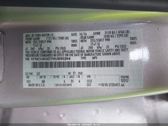 1FMCU9GD7HUB90264 Ford ESCAPE SE