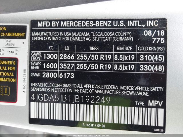 4JGDA5JB1JB192249 Mercedes-Benz GLE 350