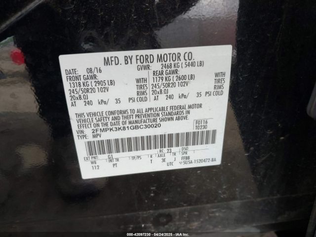 2FMPK3K81GBC30020 Ford Edge Titanium