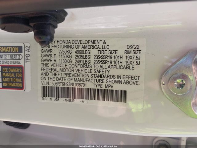5J6RT6H93NL038701 Honda Cr-v Hybrid Touring