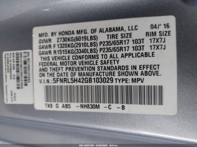 5FNRL5H42GB103029 Honda ODYSSEY EX