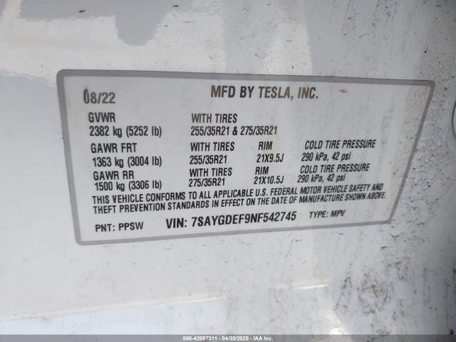 7SAYGDEF9NF542745 Tesla Model Y