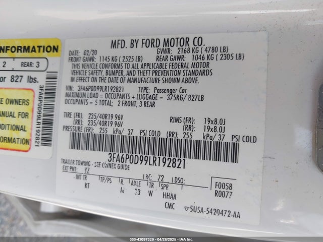 42097329 :رقم المزاد ، 3FA6P0D99LR192821 vin ، 2020 Ford Fusion Titanium مزاد بيع