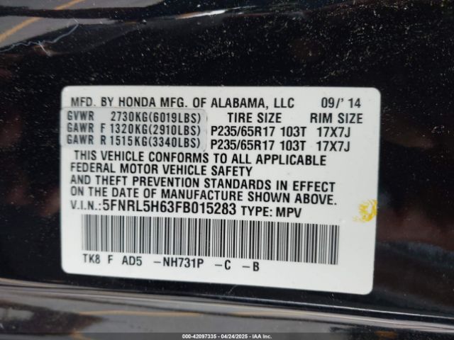 5FNRL5H63FB015283 Honda Odyssey Ex-l