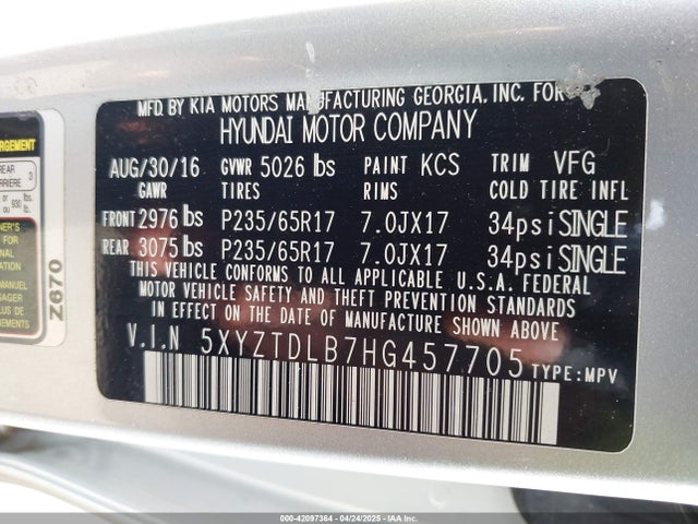 5XYZTDLB7HG457705 Hyundai Santa Fe Sport 2.4l