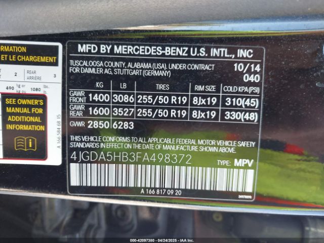 4JGDA5HB3FA498372 Mercedes-Benz Ml 350 4matic