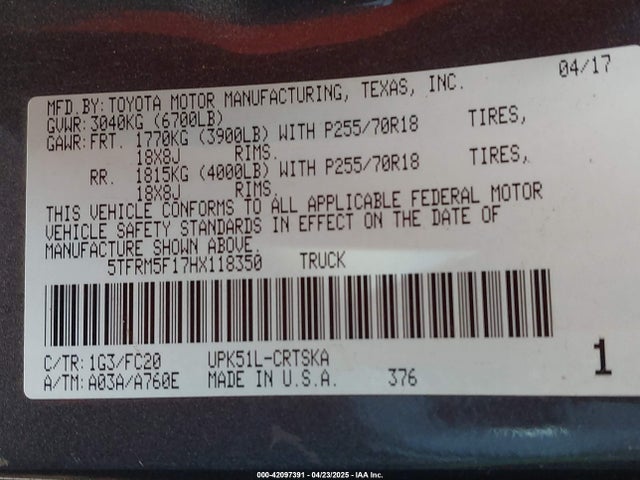 5TFRM5F17HX118350 Toyota 1ur-fe