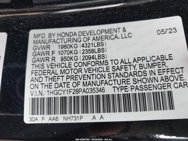 1HGCY1F28PA035346 Honda l15be